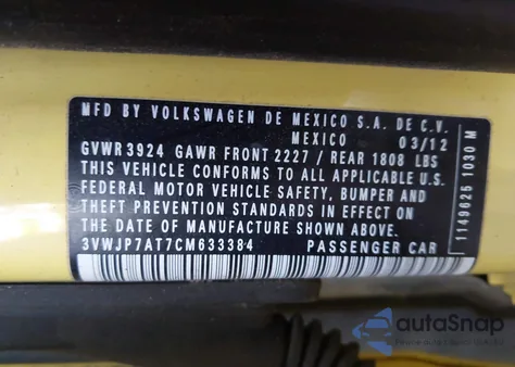 2012 Volkswagen Beetle 2.5L z USA, uszkodzony, nr VIN 3VWJP7AT7CM633384